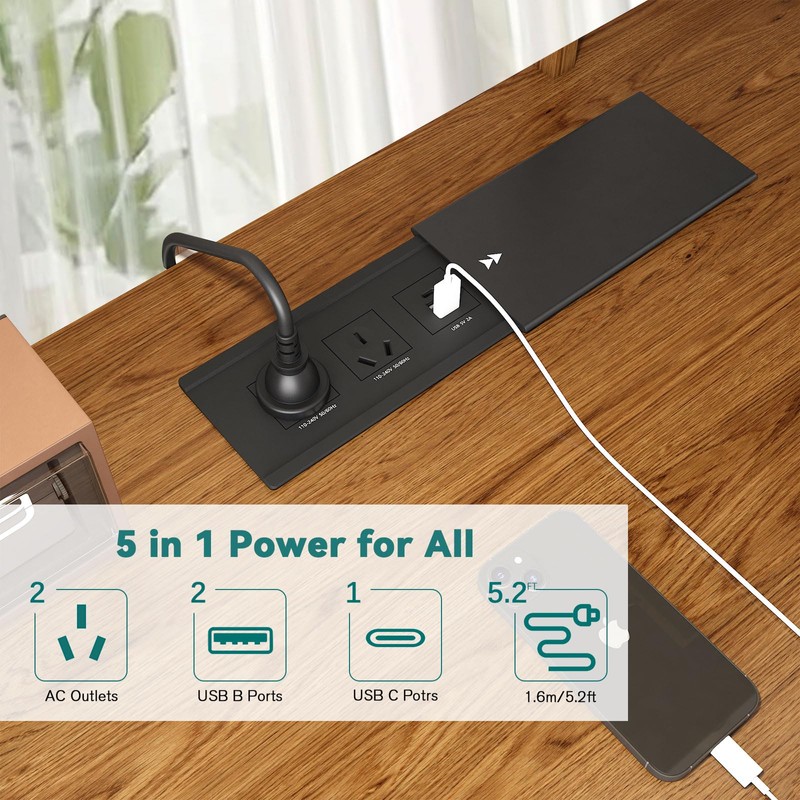 Furniture-Integrated Power Station with Sliding Cover, 2 AU Outlets, 2