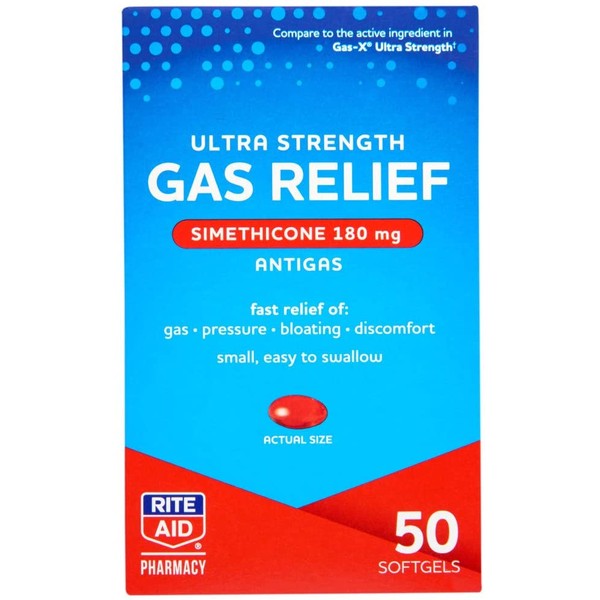 Rite Aid Ultra Strength Gas Relief, Simethicone Softgels Antigas, 180 mg - 50 Count | Gas and Bloating Relief | Anti Gas | Bloating Relief for Women and Men