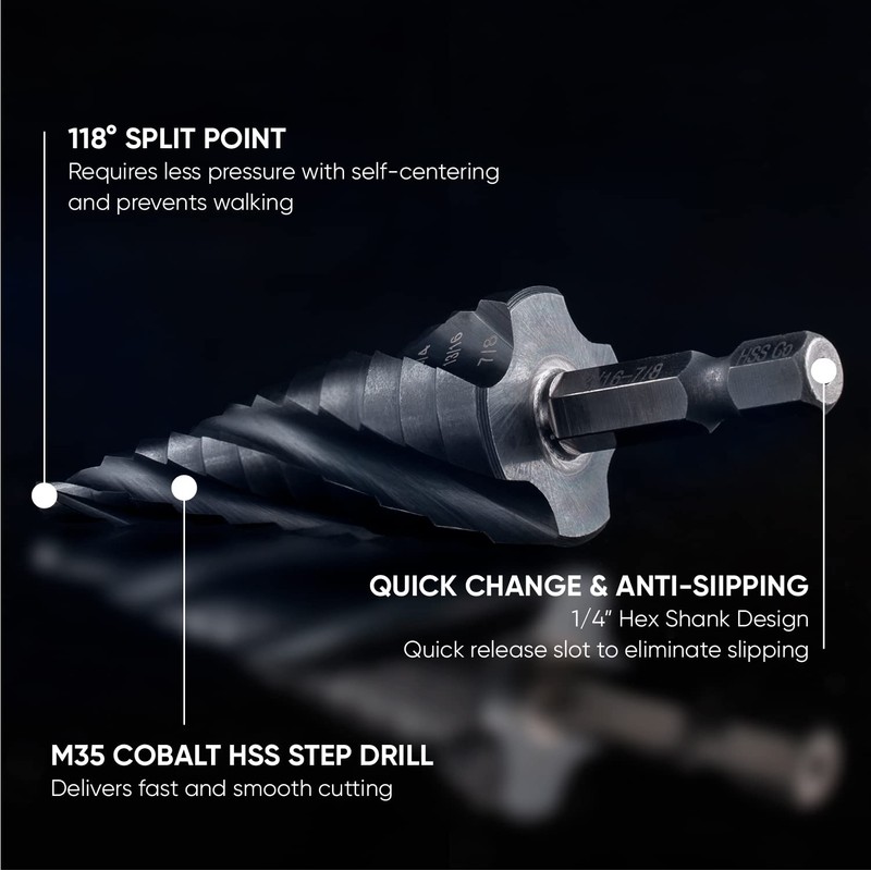 toolant Four Spiral Flute Cobalt Step Drill Bit(Pro), 3/16" -