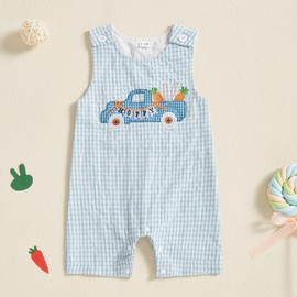 Thilsidee Infant Baby Boy Girl Easter Rabbit Jumpsuit Sleeveless Straps Romper Bib Pants One Piece Overalls Plaid Outfit (A-Blue, 18-24 Months)