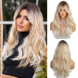 OUFEI Blonde Wigs for Women, Long, Curly Wig with Fringe, Wavy Wig with Dark Roots, Natural, Synthetic Hair, for Daily Wear, Parties, Cosplay Wear, 61 cm