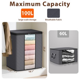 SpaceWhisper 8 Pack 100L Clothes Storage, Foldable Thick Fabric Blanket Storage Bags, Containers for Organizing Bedroom, Closet, Clothing, Comforter,Closet Organization with Handle,Grey