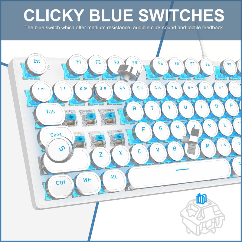 Camiysn Typewriter Style Mechanical Gaming Keyboard, White Retro Punk Gaming