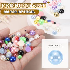 MECCANIXITY 600Pcs Half Pearl for Crafts, 8mm Plastic Half Flatback Imitation Pearls Cabochon Loose Beads Rhinestone for DIY Crafts Clothing Tumbler Shoes Embellishment Nail (Light Blue AB)