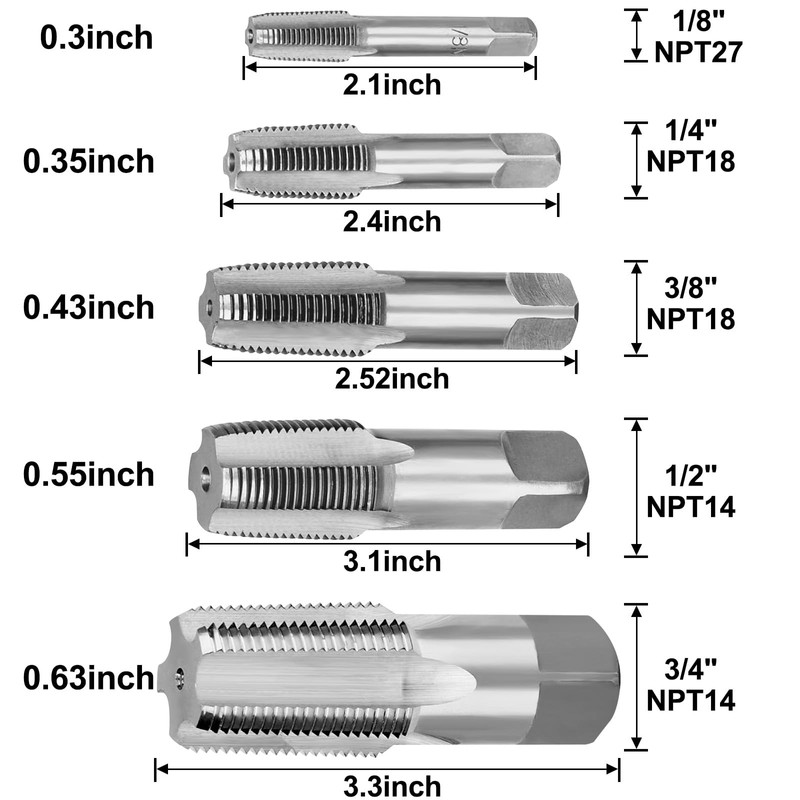 5-Piece NPT Pipe Tap Set with Sizes 1/8", 1/4", 3/8",