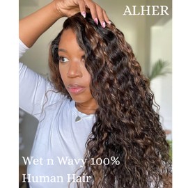 ALHER F1B/27 Blonde Highlight Water Wave (18 20 22+18) 3 Bundles with 4x4 hd Lace Closure Human Hair, 12A Wet n Wavy Curly Black and Blonde Ombre Free Part Closure and Bundle 100% Remy Hair for Women