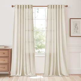 StangH Flax Linen Sheer Curtains 90 inches Long, Back Tab Privacy Semi Sheer Curtains Soft Lightweight Farmhouse Boho Drapes for Living Room Bedroom Patio, Natural, W55 x L90, 2 Panels
