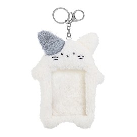 GEEHUA Cartoon Plush Photocard Holder, Kawaii White Cat Card Cover with Keychain Cute Photo Protective Sleeve for Credit ID Bank Card Bus Card Student Card ID Badge