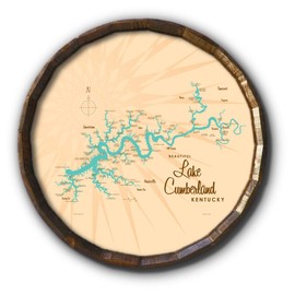 Northwest Art Mall Lake Cumberland Kentucky Map Solid Oak Barrel End w/Metal Rim from Illustration by Lakebound 21" x 21"