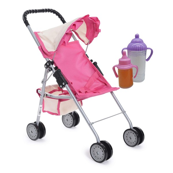 fash n kolor My First Doll Stroller with Basket - Pink Off-White Foldable Doll Stroller - Fits Upto 18" Dolls, 2 Free Magic Bottles Included