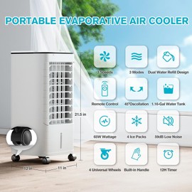 Windowless Portable Air Conditoners, 3-IN-1 Portable AC with Remote, 12H Timer &1.16Gal Tank, 45° Oscillation, 3 Modes 3 Speeds, Fast Cooling Quiet Ventless Swamp Cooler for Room Home Office, Snow