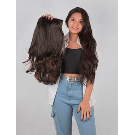 Stasia Street 24-Inch Out Curl Clip-In Korean Synthetic Breatheable Hair Extensions for Women Natural Look Instant Volume & Length – Copper Highlights