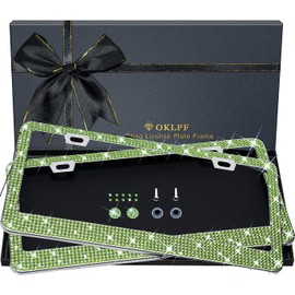 OKLPF Bling License Plate Frame for Women, 2PCS Sparkly License Plate Frames| Over 1200 pcs14 Facets Bedazzled Clear Glass Diamond Rhinestone Crystals w/Free Glitter Diamond Box (Olive Green)