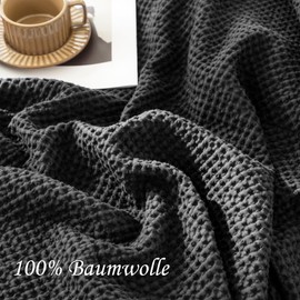 CHUFFED Bedspread 150 x 200 cm 100% Cotton Waffle Pique Bedspread Waffle Pattern Lightweight Blanket as Sofa Blanket Couch Blanket Soft Cuddly Blanket Living Room Sofa Couch Anthracite