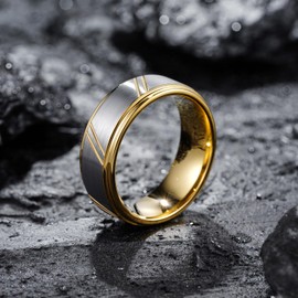 King Will Tungsten Wedding Band For Men - 8mm Men Wedding Ring Dual Tone Brushed, Silver Gold Slash Finish Step Edge Wedding Band, Hypoallergenic Tungsten Wedding Band Ring, Comfort Fit Size 8.5