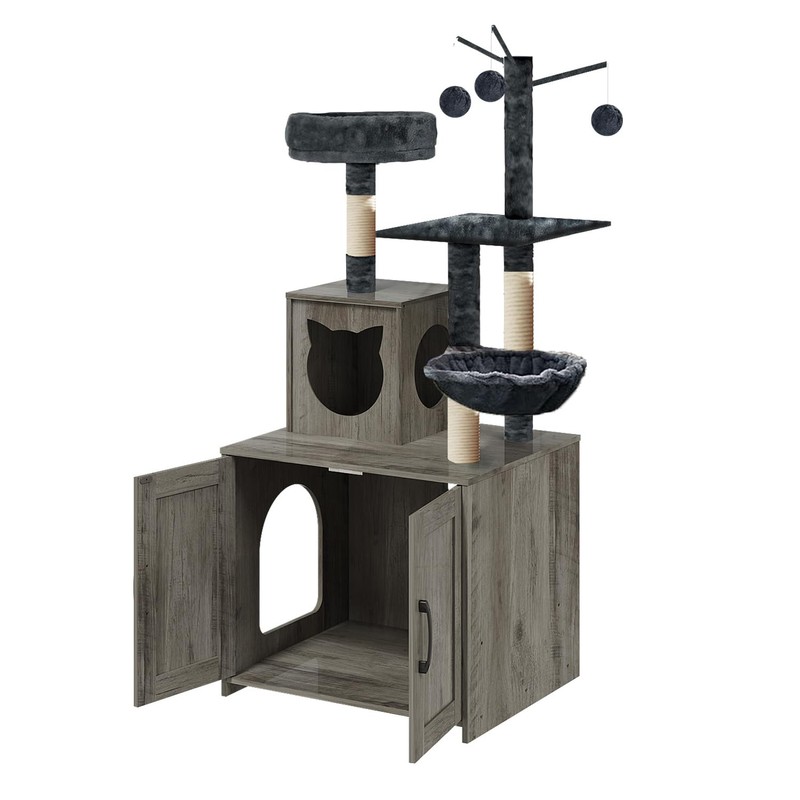 Cat Tree with Litter Box, Wood Litter Box Enclosure with