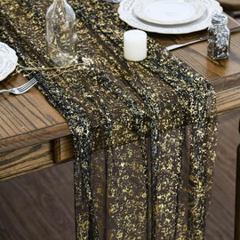 Artoid Mode Black Gold Gauze Table Runner 70x300 cm, Glitter Metallic Foil Sheer Chiffon Cheesecloth Kitchen Dining Table Decor for Home Party
