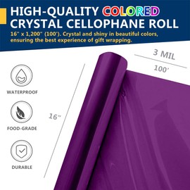 PerkHomy Colored Cellophane Wrap Roll 16" x 100' 3 Mil Thick Cellophane For Gift Basket Treats Goodie Wrapping Craft Flower Bouquet Plastic (Purple, 100ft (16in Width))