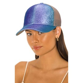 Wovanoo Baseball Caps for Women Rainbow Gradient Mesh Running Hat Glittery Adjustable Criss Cross Ponytail Cap Green Purple