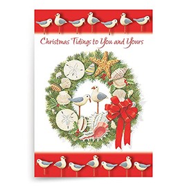 Designer Greetings Boxed Red Farm Studio Christmas Cards, Seagulls and Seashell Wreath (Box of 18 Nautical/Coastal Holiday Cards with White Envelopes)