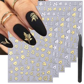 6 Sheets Autumn Nail Art Stickers Gold Silver Maple Leaves Nail Decals 3D Self-Adhesive Leaf Nail Design Stickers Bronzing Maple Leaf Flower Nail Stickers for Women Girls DIY Manicure Nail Decoration