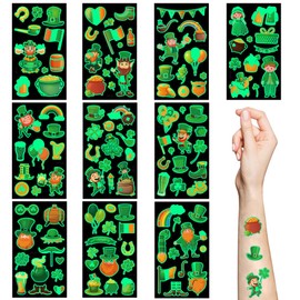 St.Patrick'S Day Temporary Tattoos,10 Sheets Luminous Shamrock Temporary Tattoo Glow in The Dark Stickers for Kids & Adults Irish St Patricks Day Decorations Accessories