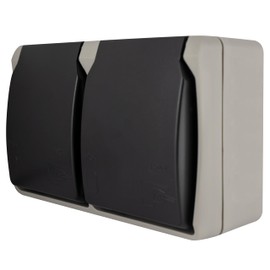 REV AquaBase 2-Way Wet Room Socket, 2-Pole, Splash-proof IP54, Horizontal, Surface-Mounted, Grey