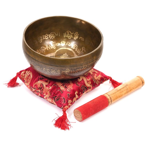 Hand Hammered and Etched Brass Singing Bowl. 6" Diameter. Wood