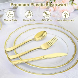 BPA-Free Heavy-Duty Disposable Plastic Utensils 1 Pack 200-Piece Set 100 Gold Forks 50 Silver Spoons 50 Knives Heat PartyPack Size: 1 Pack