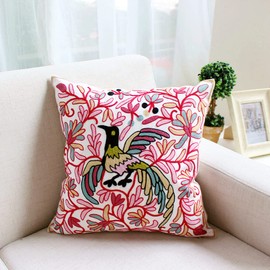 Alysheer Embroidered Decorative Throw Pillow Cover 18x18 inch, Lucky Bird Boho Embroidery Happy Knit Pattern Cotton Cushion Case for Sofa Couch Car Living Room Garden (Pink Red)