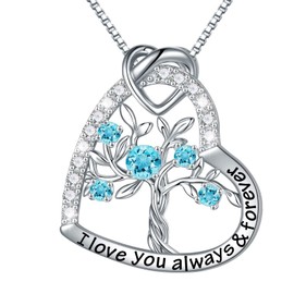 Iefil Tree of Life Birthstone Necklace - March Birthstone Blue Aquamarine Jewelry, Necklace for Women