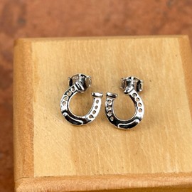Sterling Silver Rhodium-plated Detailed Horseshoe Post Stud Earrings Small Size