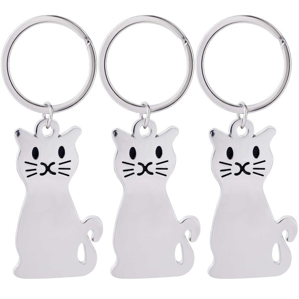 Pack of 3 Metal Cat Kitten Keyrings, Silver Key Chain