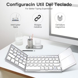 Teclado Inalámbrico Bluetooth Plegable Español, con Ñ, Teclado Tri-Plegable con Touchpad, Teclado Multidispositivo Portátil y Recargable, Teclado Ergonómico Silencioso para iOS, Android y Windows