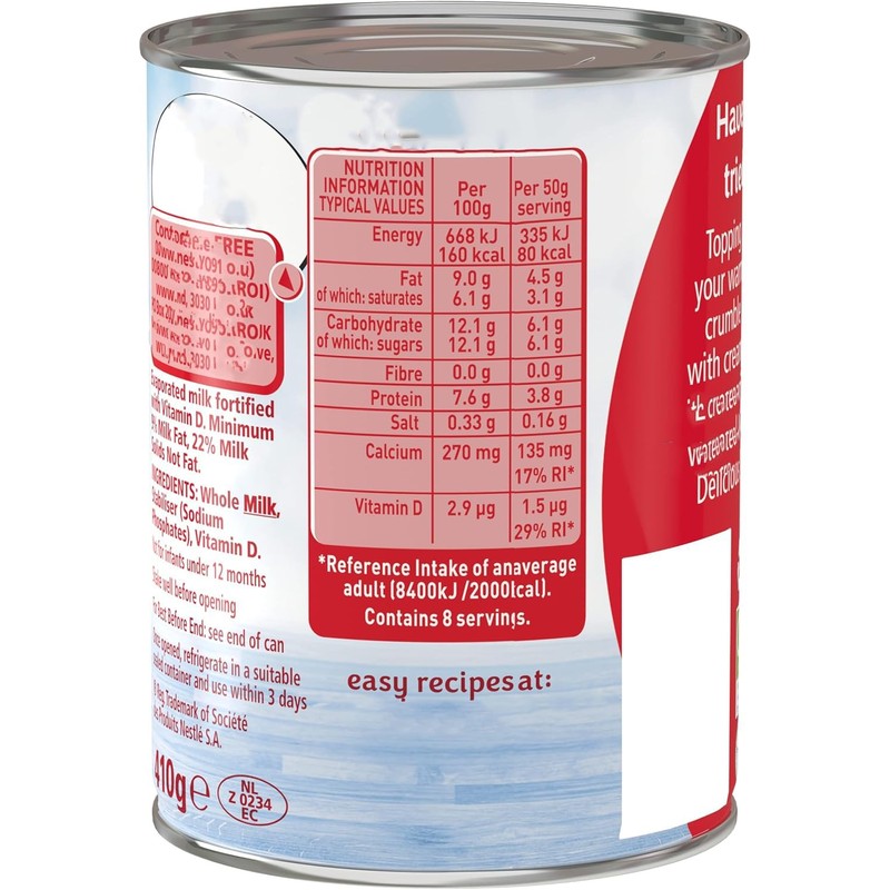 Fortified Evaporated Milk, 410g, with Vitamin D and Calcium, Vegetarian