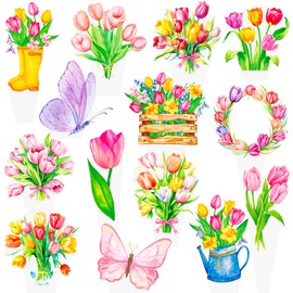 Tulips Cupcake Toppers 48Pcs Tulip Party Decorations Spring Flower Party Supplies Cupcake Picks for Spring Mother's Day Decorations
