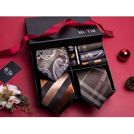 Hi-Tie 3 Pcs Gift Box Mens Tie Set Necktie with Pocket Square Cufflinks Lapel Pin Silk Neck Tie Collection,Brown Mix