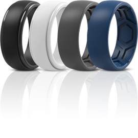 ThunderFit Silicone Wedding Rings for Men, Step Edge and Breathable Patterned 4 Mixed Rubber Engagement Bands (Black, White, Dark Blue D, Grey B - Size 11.5-12 (21.3mm))