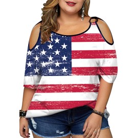 MYHALF Plus Size American Flag Shirt Womens 4th of July Tee USA Flag Tie-Dye Print Shirt Cold Shoulder Patriotic Tops