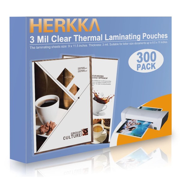 HERKKA 300 Pack Laminating Sheets, Holds 8.5 x 11 Inch Sheets, 3 Mil Clear Thermal Laminating Pouches 9 x 11.5 Inch Lamination Sheet Paper for Laminator, Round Corner Letter Size