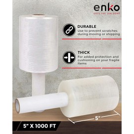 enKo 16 Pack 5" Mini Roll Stretch Film with Easy Grip Handle (16,000ft | 1000ft/Roll) - Includes 1,600pcs Fragile Labels
