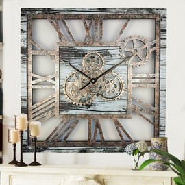 The Gears Clock 24'' Inch Square Real Moving Gear Wall Clock Vintage Industrial Oversized Rustic Farmhouse (Grey and White)