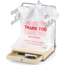 GIGIFTREE Plastic Grocery Bag Holder, Chrome T-Shirt Bag Rack, Plastic Bag Organizer with Wooden Drawers Base for Grocery Store, Supermarket, Restaurant, Business