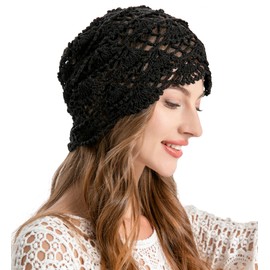ZLYC Women Cotton Crochet Slouchy Beanie Hat Handmade Knit Cutout Summer Floral Skull Cap(Knitted Black),One Size
