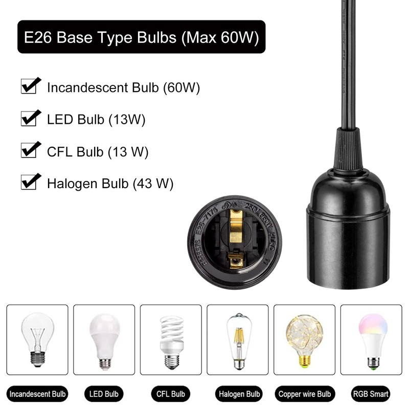 20Ft Extension Hanging Lantern Cord - Black, E26 Light Bulb