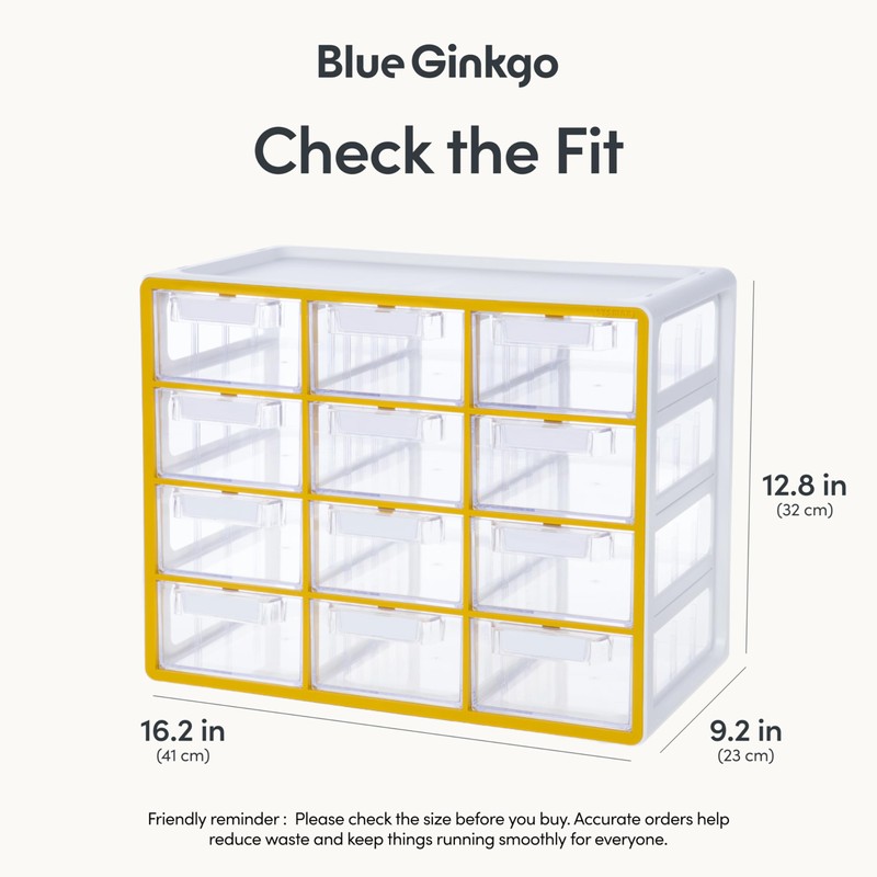 Blue Ginkgo Large 12-Drawer Cabinet – Stackable Clear Organizer for