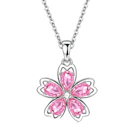VONSSY Pink Cherry Blossom Necklace Earrings Cubic Zircon Crystal Flower Flora Sakura Pendant 18k Gold Plated Chain Silver Post Stud Jewelry Set Gift for Woman Wife Girlfriend Mom