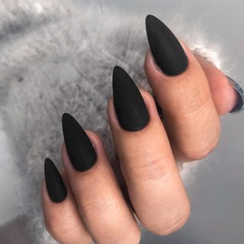 KQueenest Acrylic Matte Black Press on Nails Almond Medium Neutral, Solid Gel Fake Nails Set, Stiletto Glue on Nails Medium, Black Nails Press ons, Winter Stick on Nails for Women, 24 Pcs, No Glue