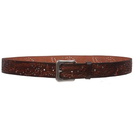 1 1/2" Snap On Embossed Vintage Cowhide Full Grain Leather Floral Rivet Perforated Casual Belt, Brown | 40