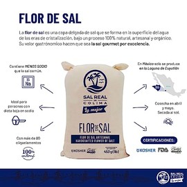 Flor de sal gourmet, artesanal y baja en sodio - Sal Real de Colima - costal manta1 lb (453 g)